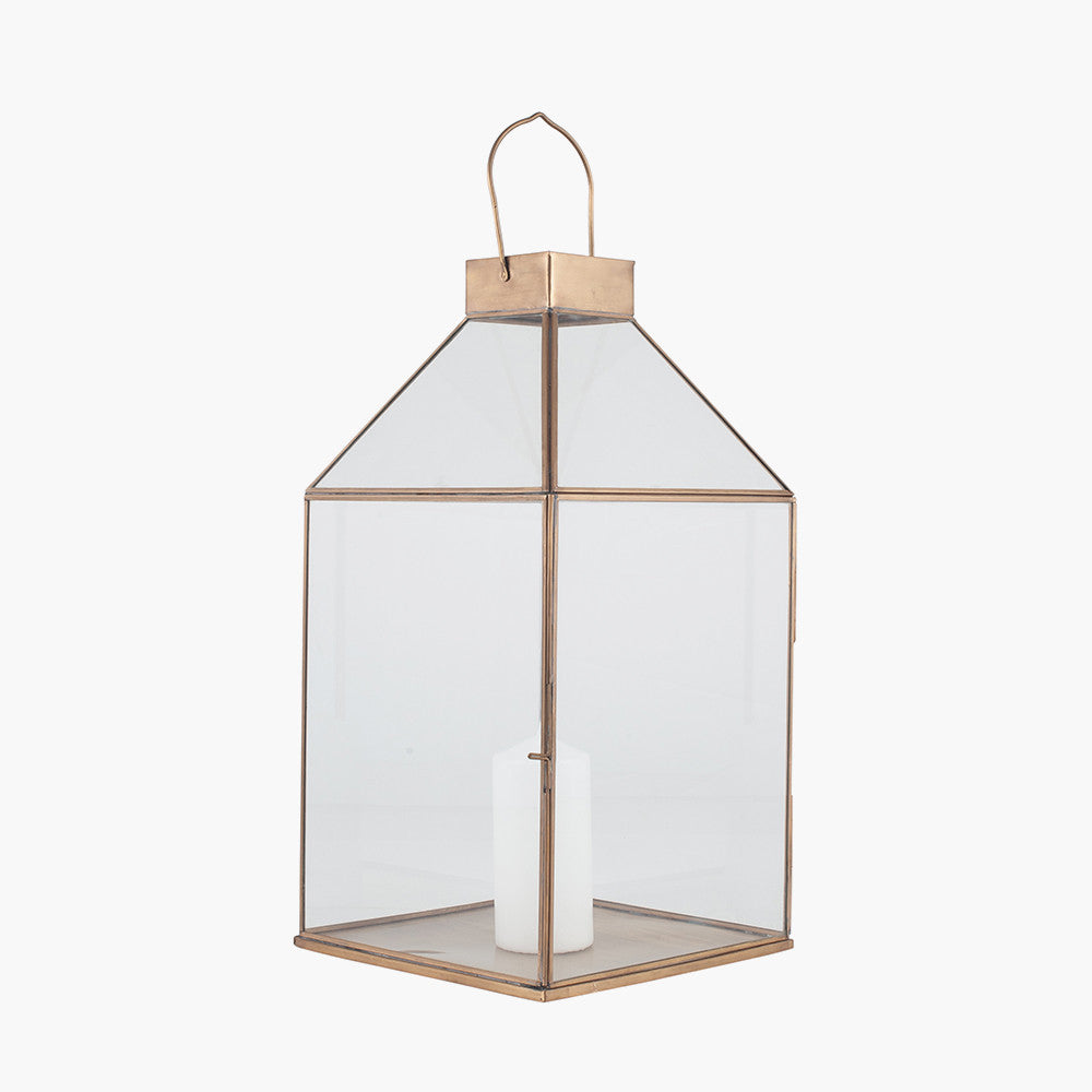 Large Shiny Brass Metal and Glass Square Lantern