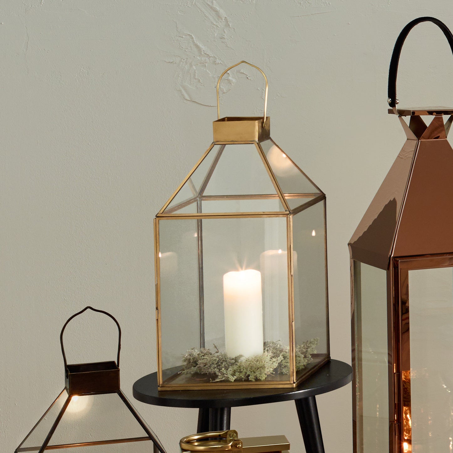 Large Shiny Brass Metal and Glass Square Lantern