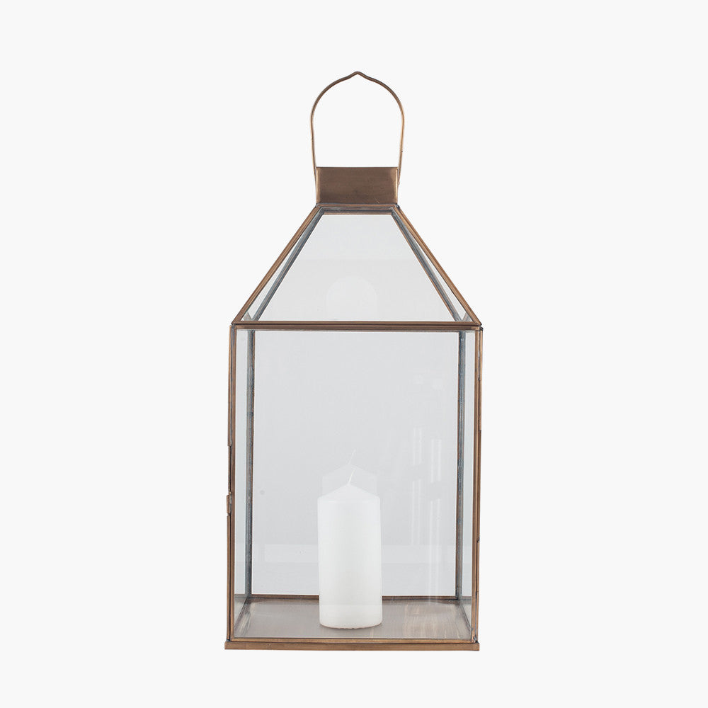 Large Shiny Brass Metal and Glass Square Lantern