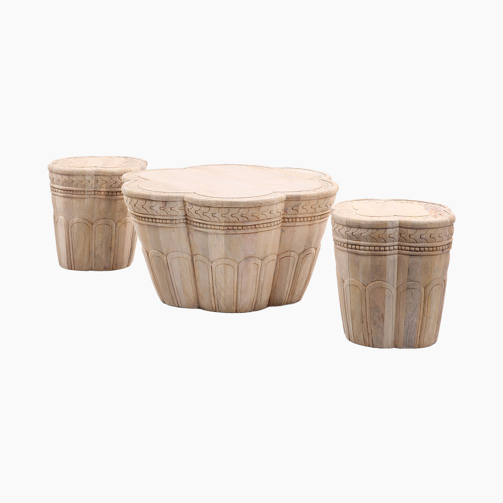 Roscoe 3x Wooden Carved Coffee and Side Tables