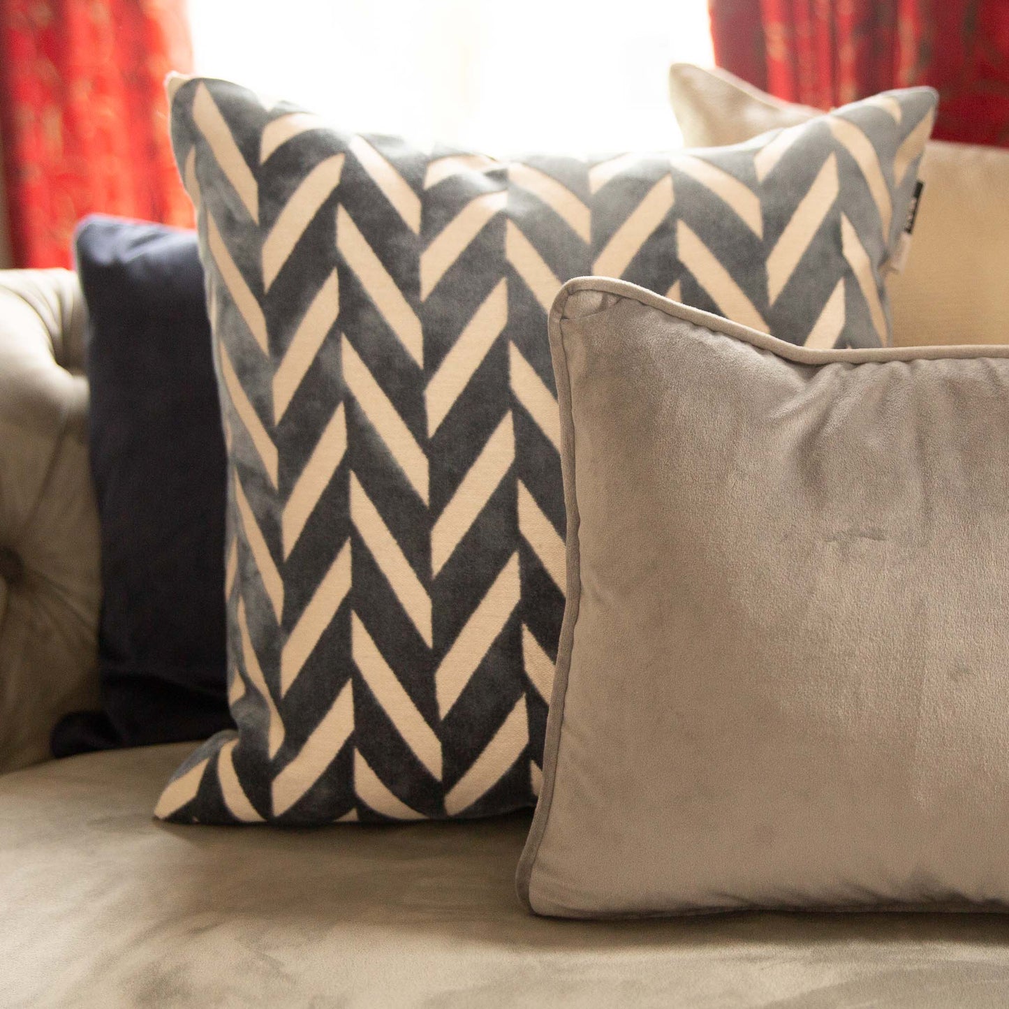 Blue Velour Chevron Cushion 43x43cm