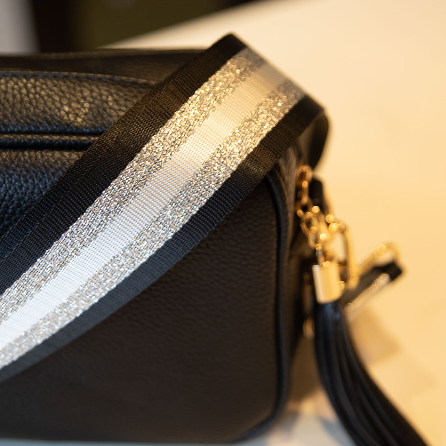 Black & metallic silver stripe design strap