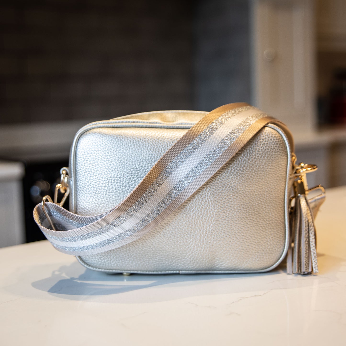 Beige & Metallic Silver Stripe Strap