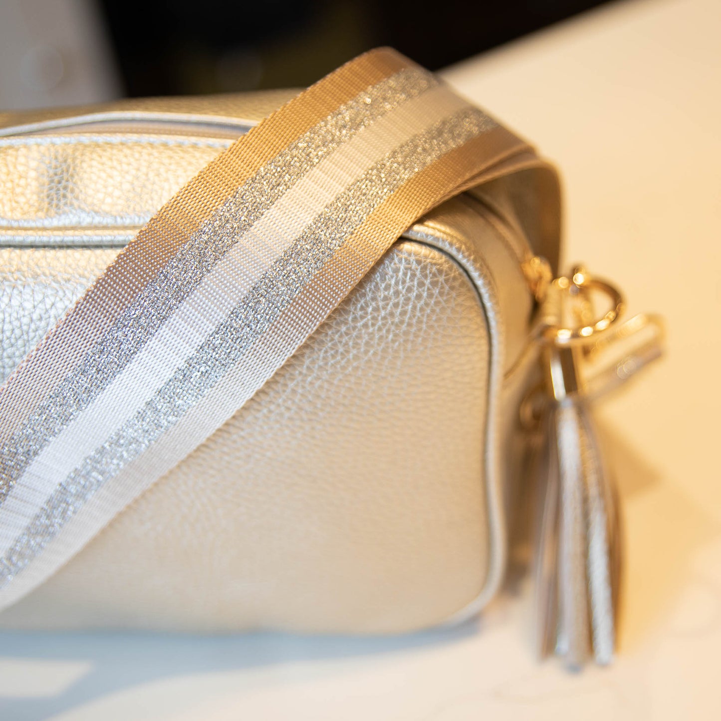 Beige & Metallic Silver Stripe Strap