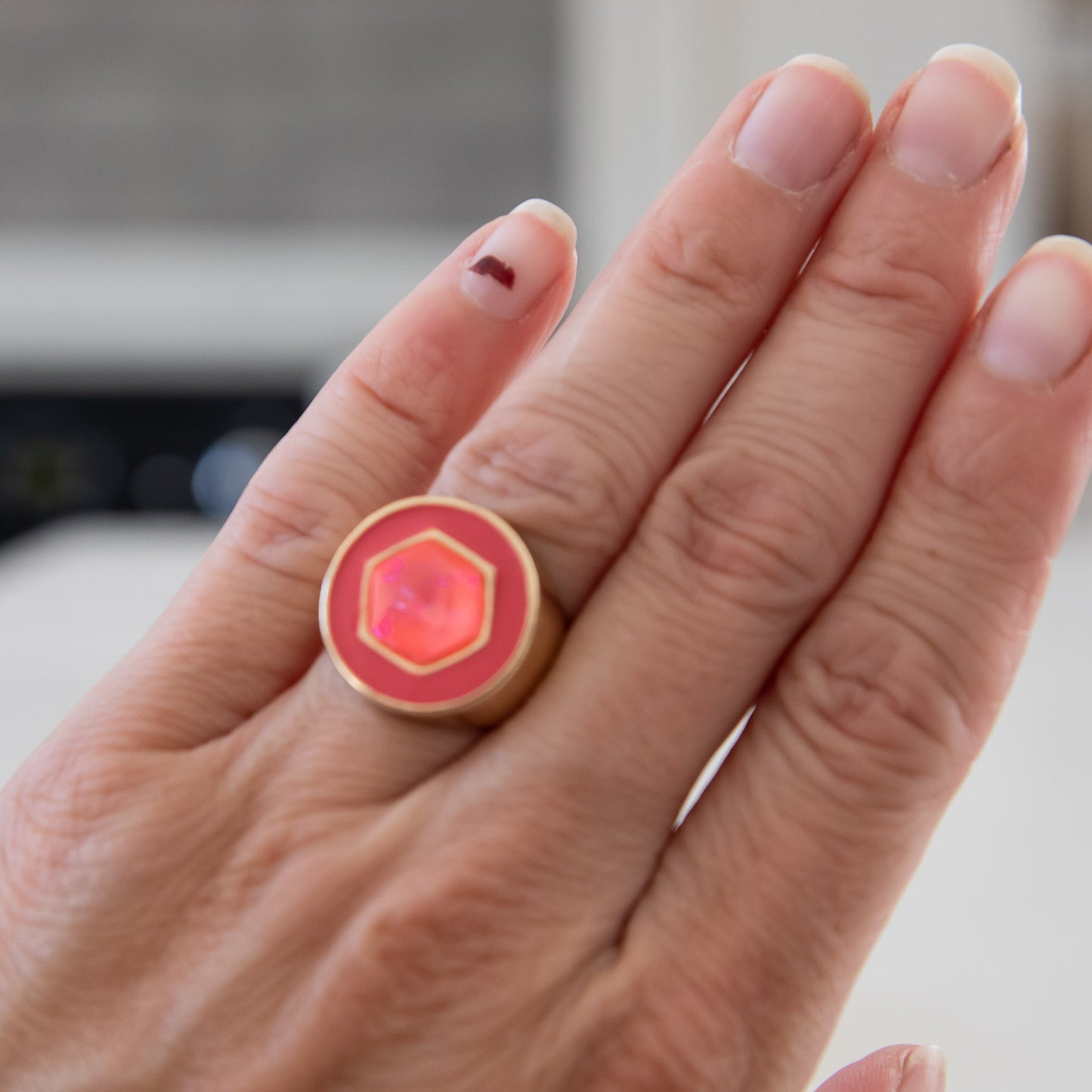 Niahe Hexagon Stone Signet Ring in Red, Pink and Gold