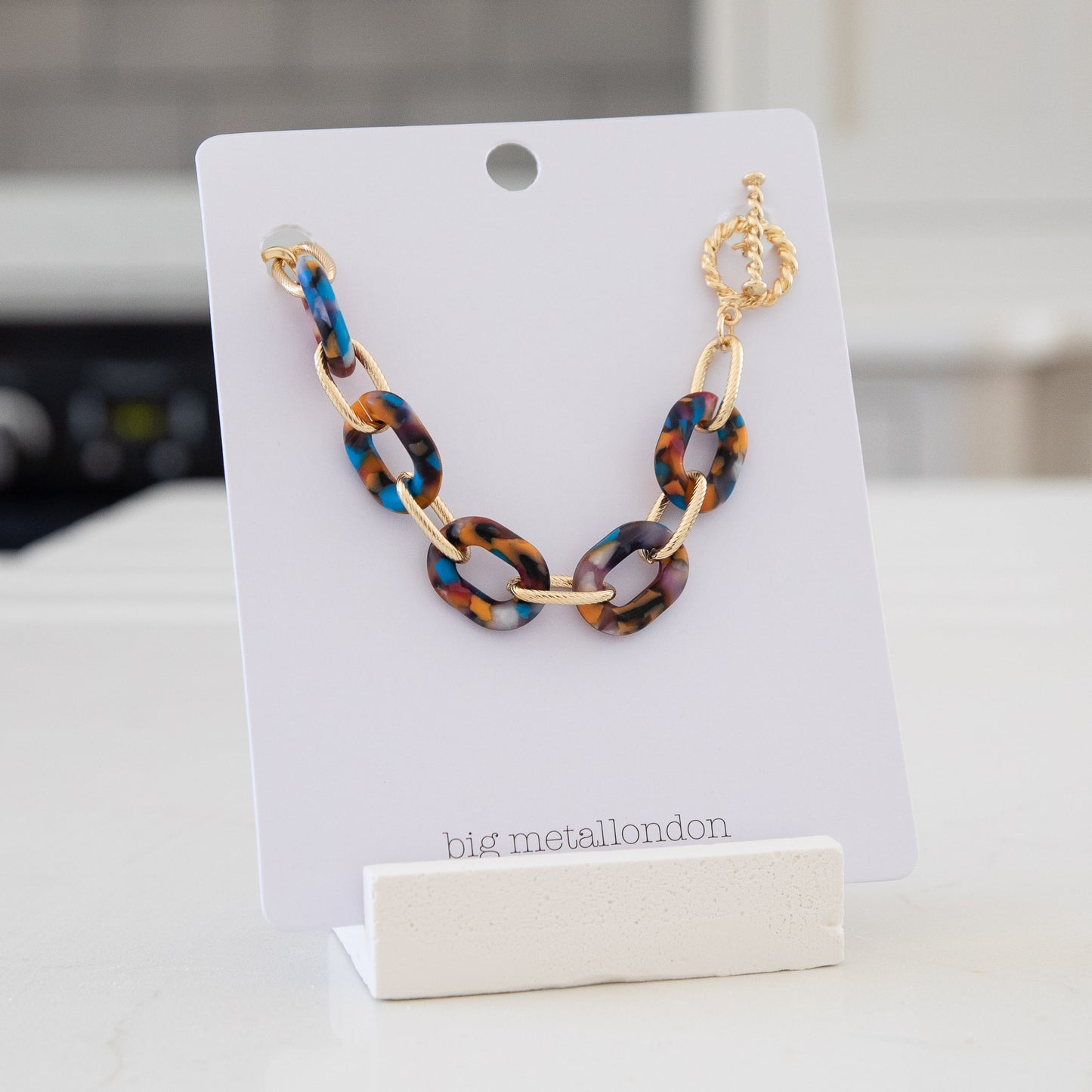 Amy Matte Resin Chain Necklace in Blue, Yellow and Brown