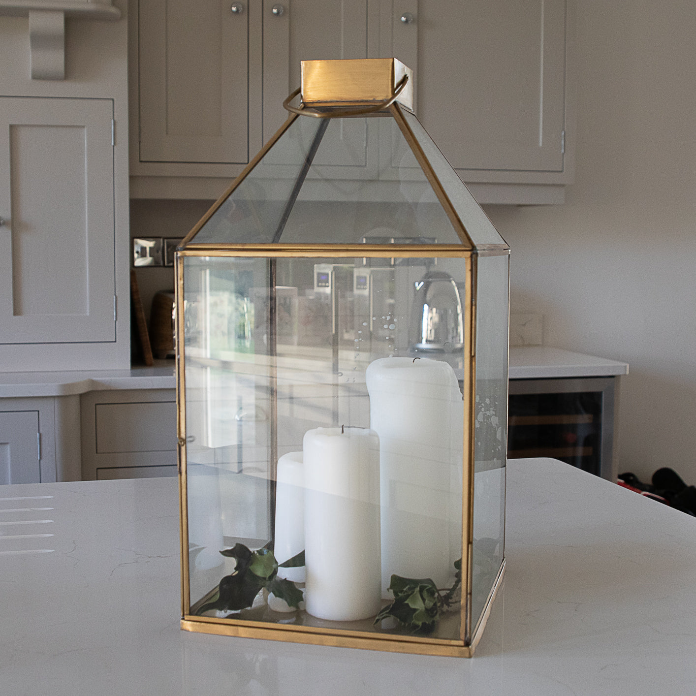 Large Shiny Brass Metal and Glass Square Lantern
