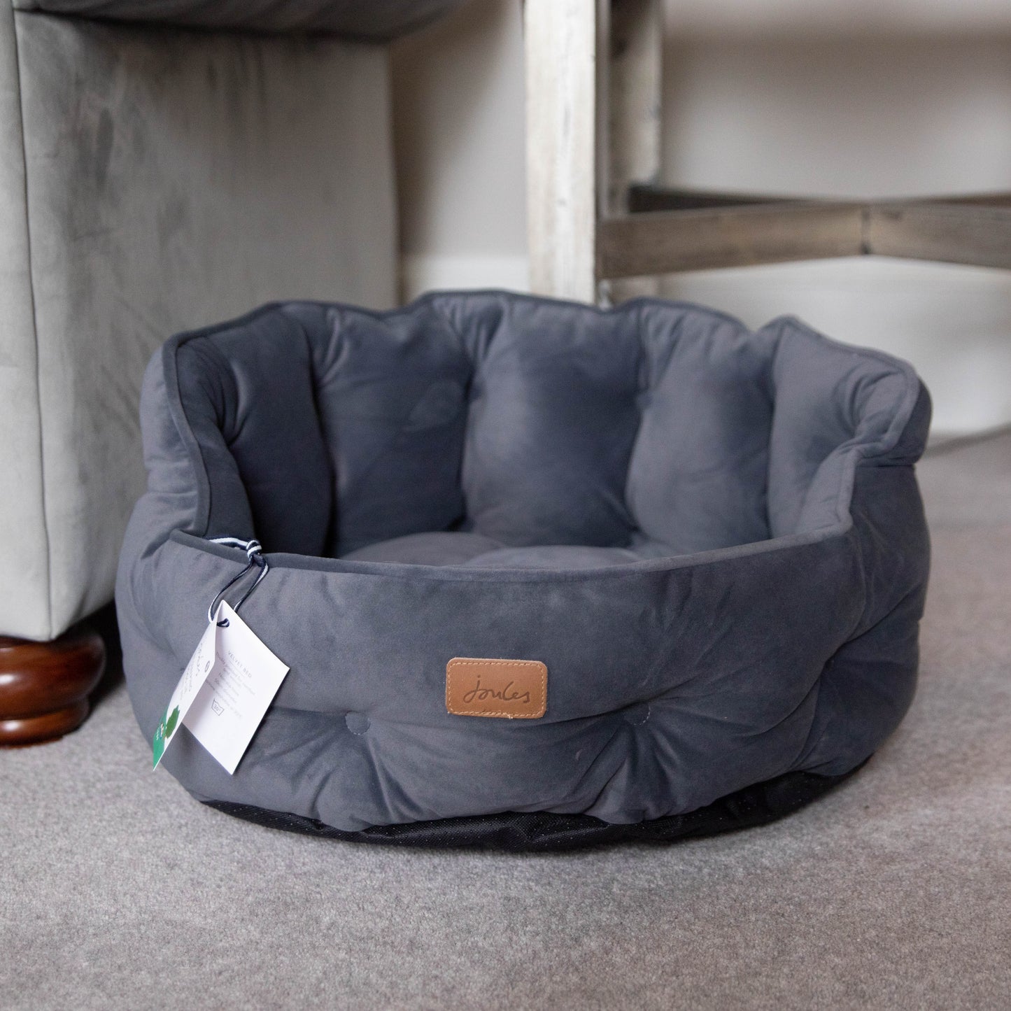 Joules Grey Velvet Chesterfields Dog Bed Small