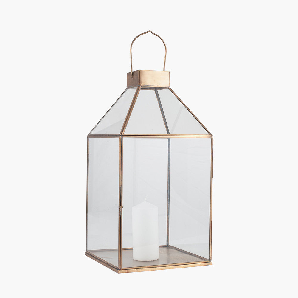 Large Shiny Brass Metal and Glass Square Lantern