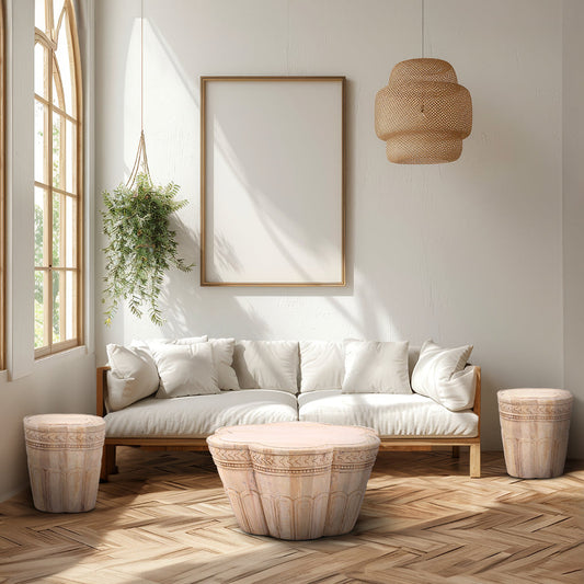 Roscoe 3x Wooden Carved Coffee and Side Tables