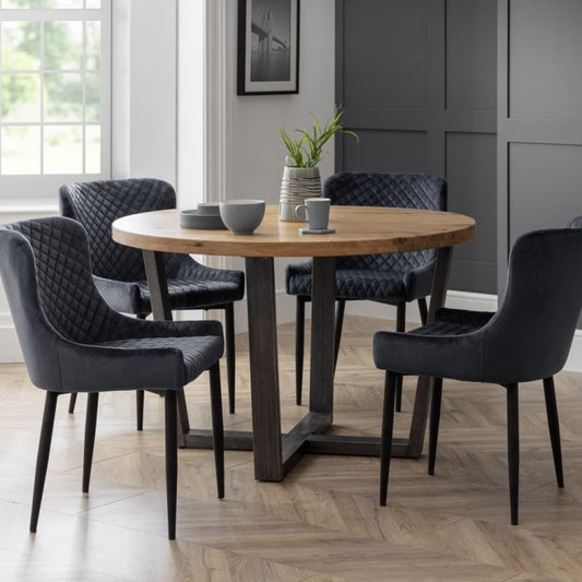 Brooklyn Round Oak Table & 4 Grey Velvet Chairs