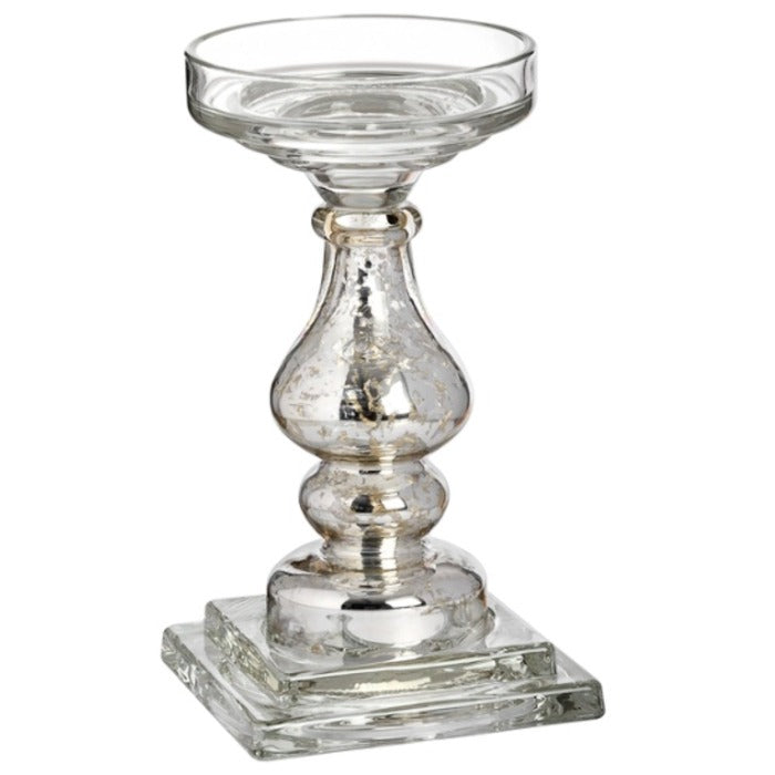 Antique Silver Glass Pillar Candle Holder 24cm