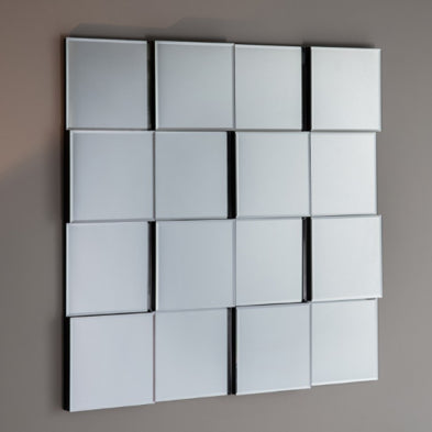 Contemporary, bevelled, block mirror panels set on a black base.