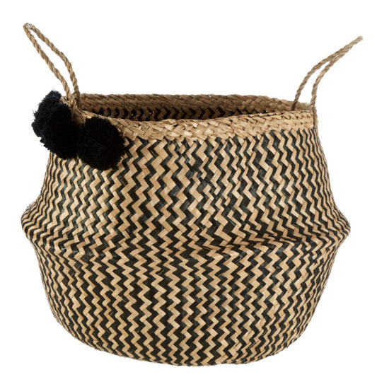 Black Pom Pom Seagrass Basket 32cm