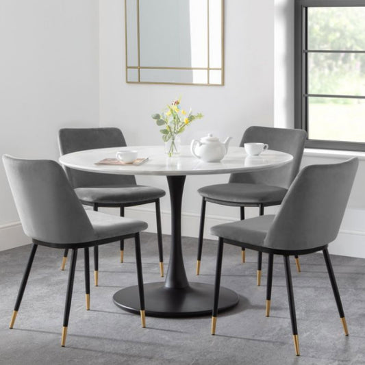 White Marble Round Dining Table & 4 Grey Velvet Delaunay Chairs Set